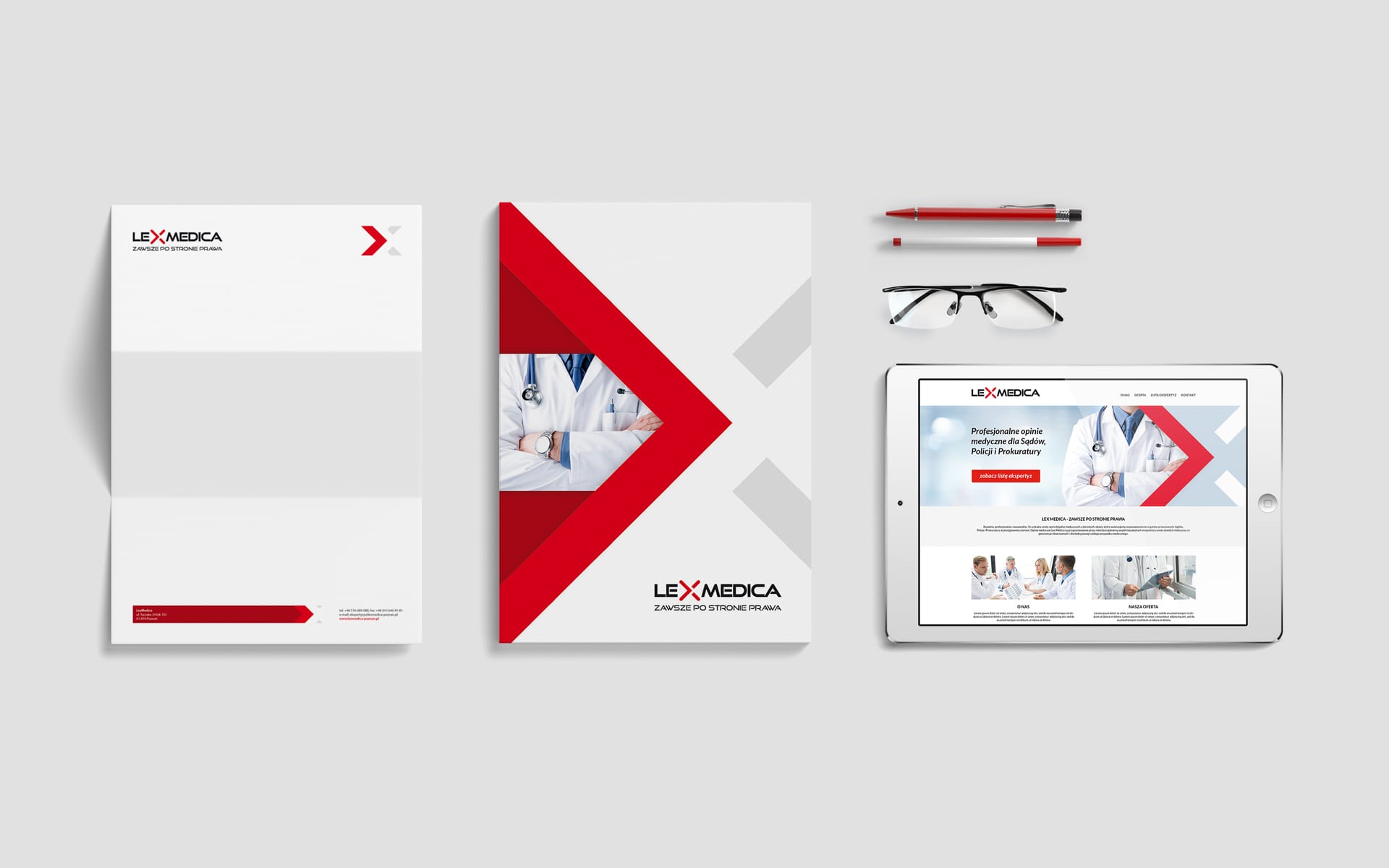 Lex Medica identyfikacja wizualna ulotki informacyjne papiery firmowe akcydensy projektowanie logo firmy nowoczesne responsywne strony internetowe Agencja brandingowa Moweli Creative