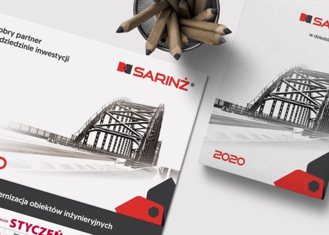 Projektowanie identyfikacji wizualnych dla firmy Sarinż remonty mostów budownictwo drogowe, obiekty inżynieryjne, teczki reklamowe, księga znaku, katalogi reklamowe notesy wizytowki papiery firmowe, kalendarze reklamowe, tworzenie logo dla firm i marek, responsywne strony internetowe, Agencja brandingowa reklamowa Moweli Creative reklamowa Dąbrowa Górnicza, Katowice, Warszawa, Kraków, Gdańsk, Poznań, Wrocław