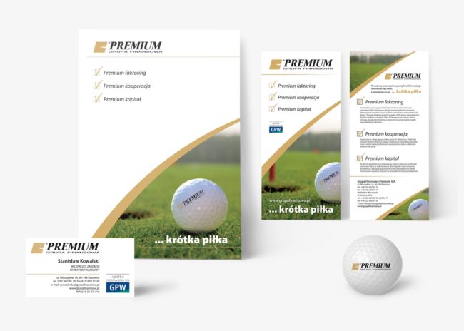 Grupa Finansowa Premium S.A. Katowice identyfikacja wizualna, system identyfikacji wizualnej, teczki reklamowe, akcydensy firmowe, ulotki informacyjne, flagi, oznakowania samochodów firmowych, reklamy zewnętrzne, opracowanie stoiska targowego Agencja brandingowa Moweli Creative Dąbrowa Górnicza, Warszawa